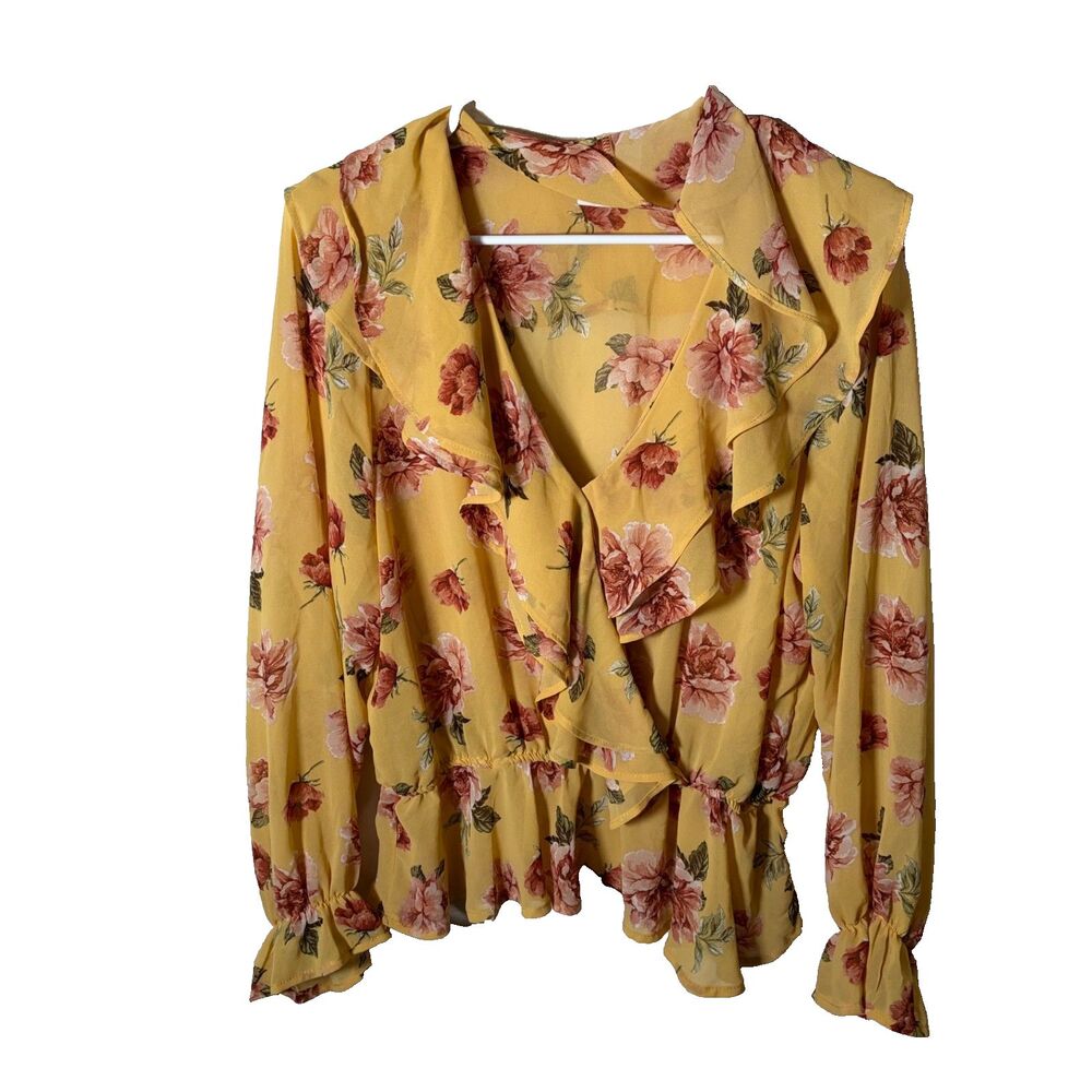LIFE Love Is For Eternity Blouse Women's Large Yellow Ruffle Floral Shirt Top